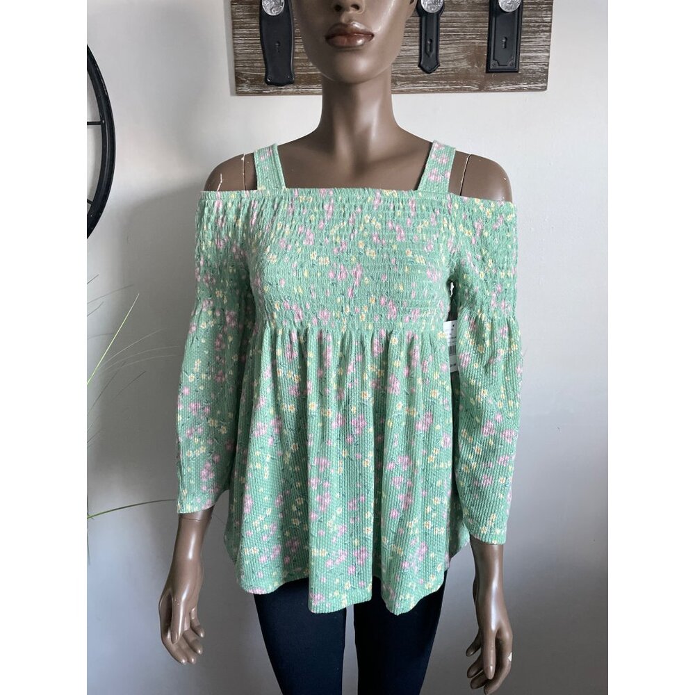 Cloud Chaser Girl's Waffle Smocked 3/4 Sleeve Off Shoulder Top XL/16